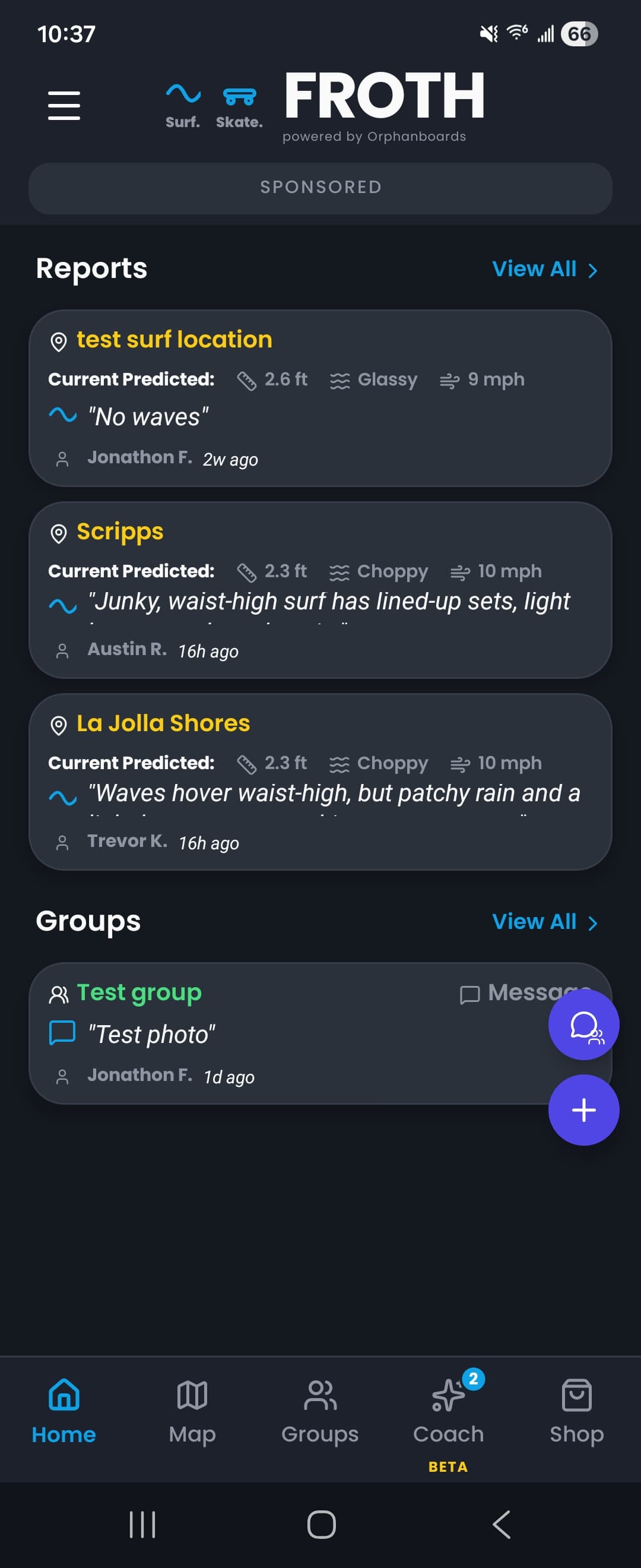 The Froth app home feed showing live surf reports from nearby breaks