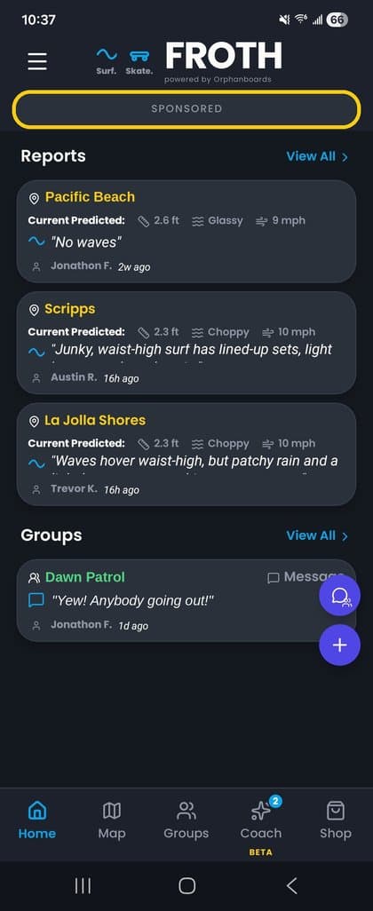 The Froth home feed with the sponsored slot at the top