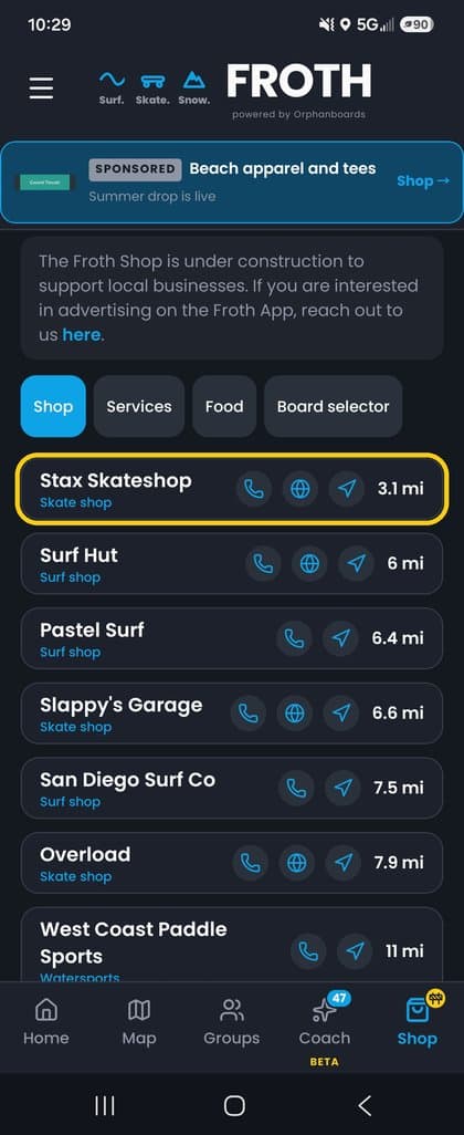 The Froth Shop tab with Shop, Services and Food tabs
