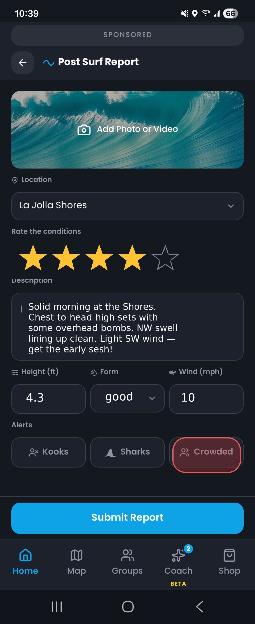 Froth app post-report form screen